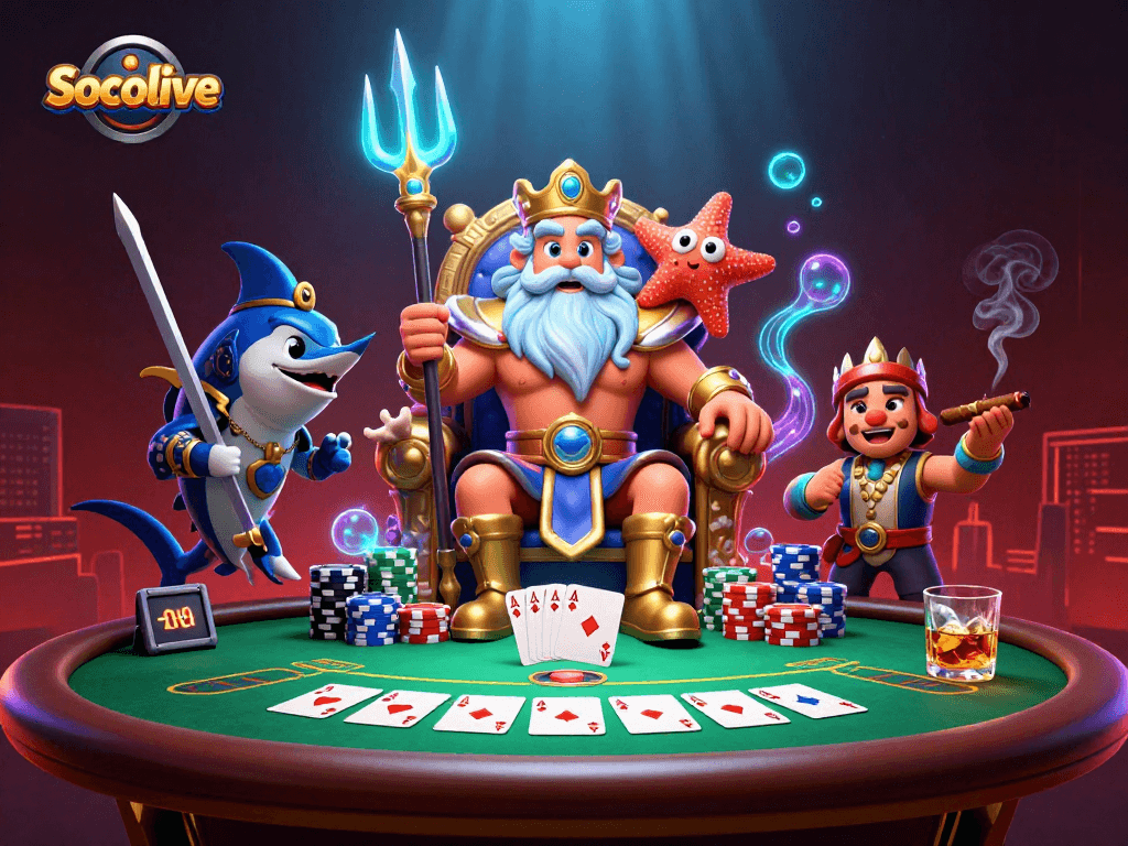 Socolive casino scene featuring Neptune and samurai in a vibrant poker setting with luminous effects.