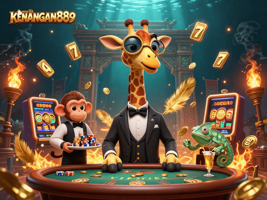 Engage in thrilling gameplay at KENANGAN889 with an interactive casino scene featuring a giraffe at a poker table.