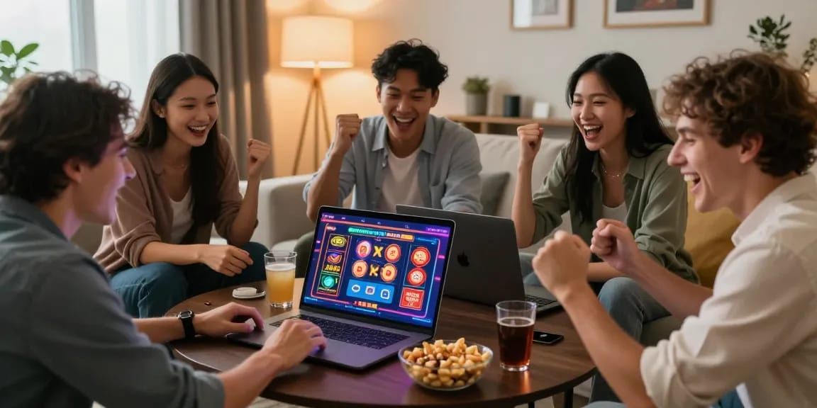 Group enjoying KO66 online casino games in a lively living room.