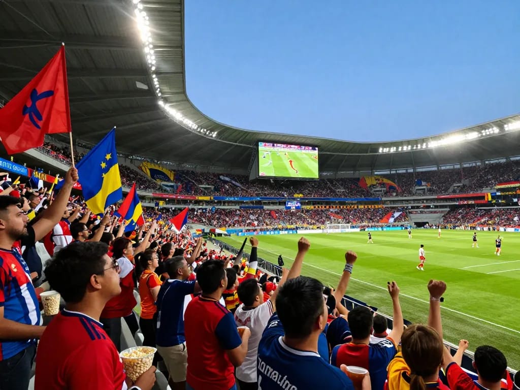 Exciting Cakhia tv football match atmosphere with fans cheering and vibrant stadium lights.