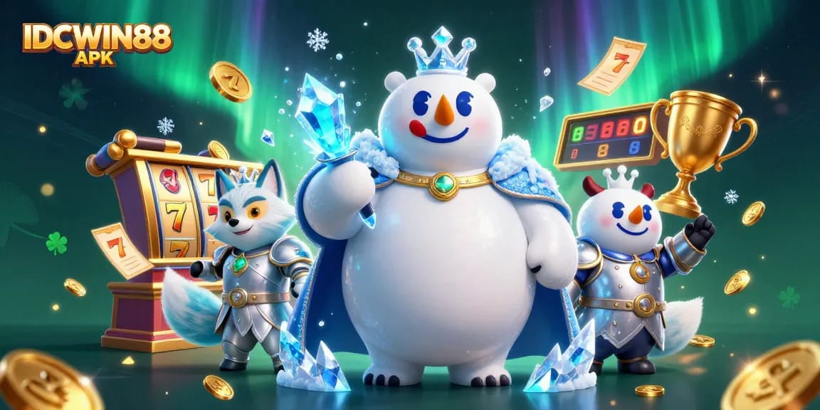Experience lottery thrills with IDCWIN88 APK slots featuring ice king and snow fox in action.