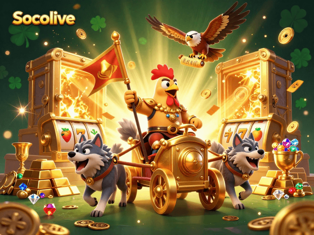 Socolive showcases a lively scene of a rooster warlord leading a slot-themed adventure with treasures.
