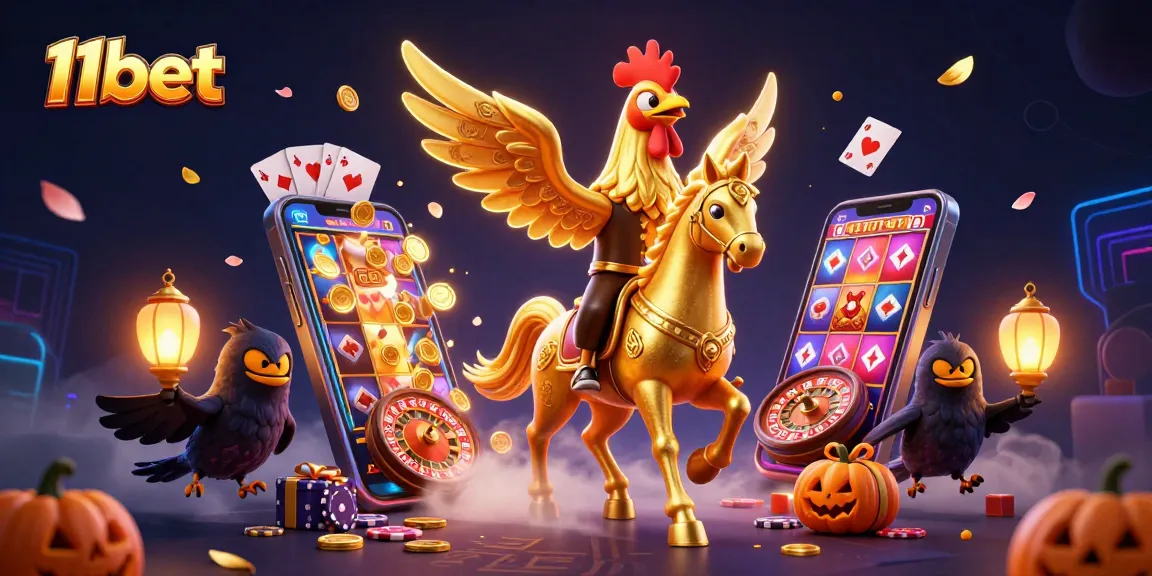Engage with 11bet in a vibrant scene showcasing a golden rooster and mystical elements of gaming.