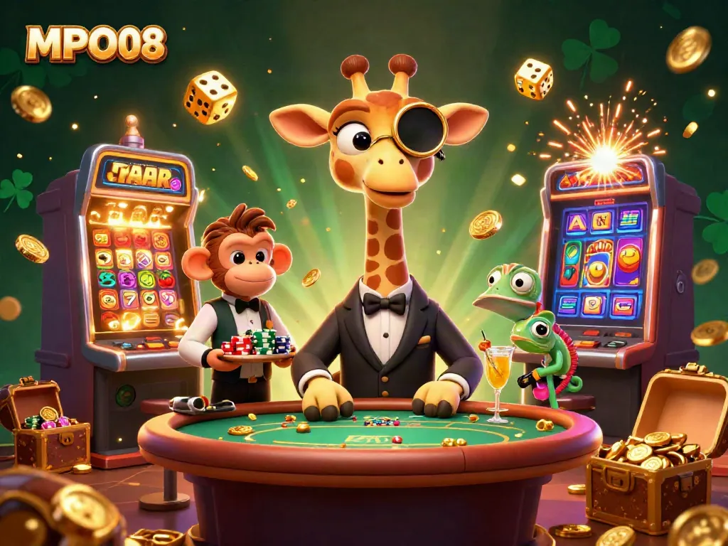 MPO08 showcases a high-roller giraffe and friends at a vibrant casino, celebrating major wins and jackpot excitement.