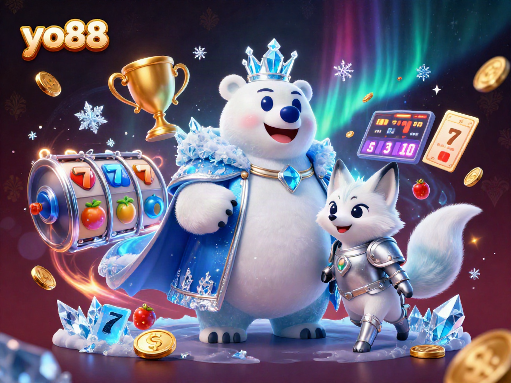 Experience the excitement of yo88 with a dazzling game scene featuring polar characters and vibrant slot symbols.