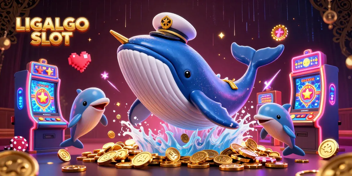 LIGALGO SLOT showcases an engaging scene with a 3D whale, vibrant slot machines, and playful poker dolphins.