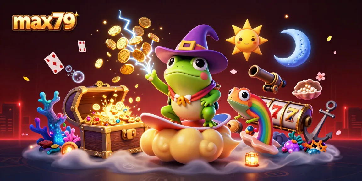 Experience max79's thrilling golden coin storm in this vibrant casino-themed 3D illustration.