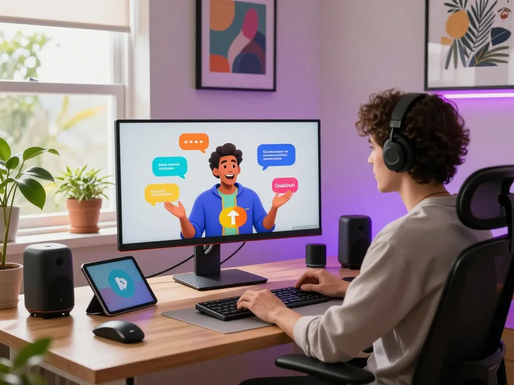 Engaging chat with CrushOn AI in a modern home office setup featuring vibrant tech elements.