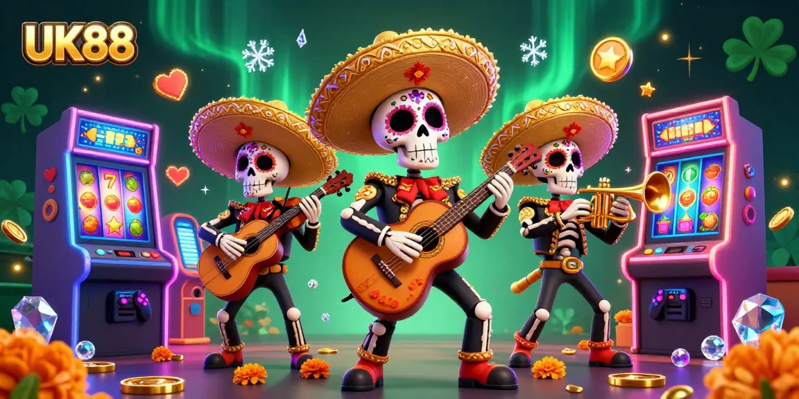 Experience the vibrant UK88 slots scene with colorful mariachi skeletons and spinning slot reels.