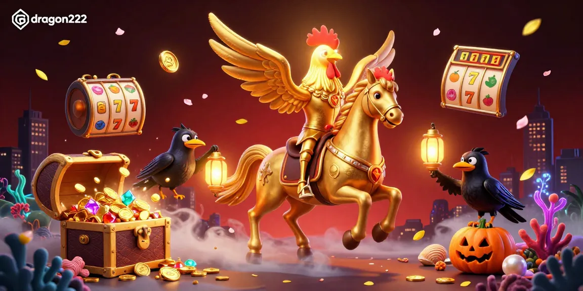 Spin to win with dragon222 as a golden rooster rides through a vibrant casino scene filled with treasures.