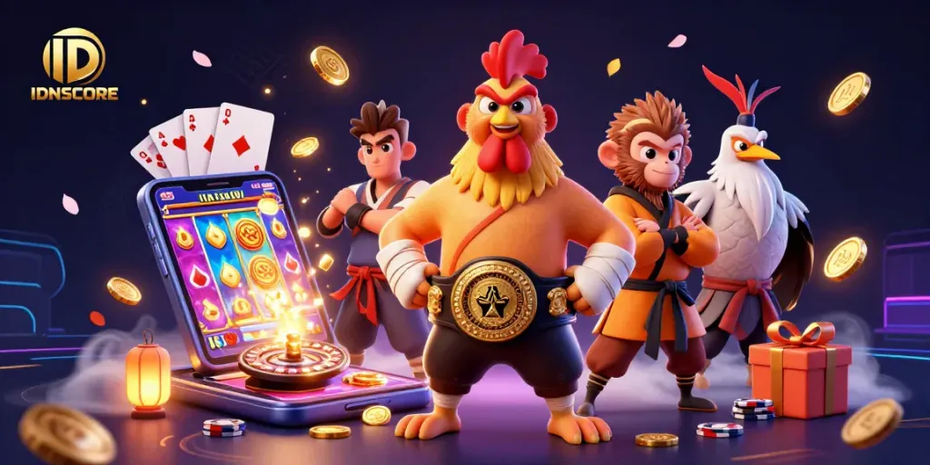IDNSCORE showcases vibrant betting elements with dynamic characters in an online gambling scene.