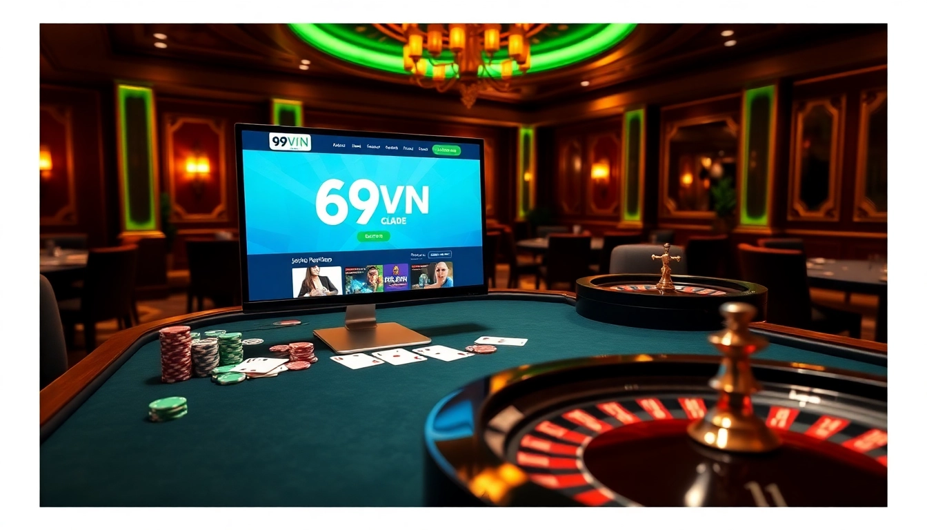 Engage with the vibrant online gambling experience at https://69vn.br.com/ featuring poker chips and a roulette wheel.