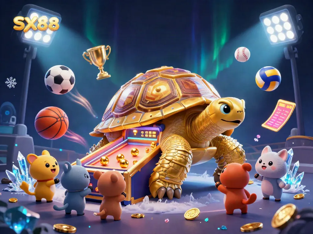 SX88 features a golden tortoise pinball machine amidst animated sports balls and dynamic lighting for an exciting gaming experience.