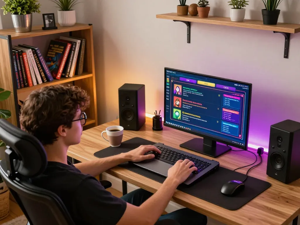 Siti scommesse non AAMS utente che si diverte con il gioco online in un elegante ufficio domestico.