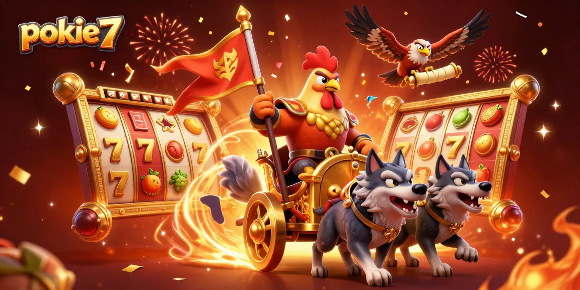 Experience the excitement of pokie7 with a dynamic casino-themed 3D illustration, featuring vibrant slot reels and fireworks.