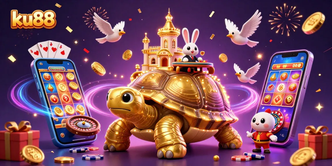 ku88 casino illustration with a golden tortoise and rabbit dealer celebrating with coins and slots