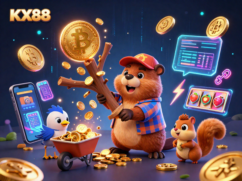 KX88 features a vibrant 3D illustration of a lumberjack beaver and friends in a casino environment with gold coins raining down, emphasizing gaming excitement.