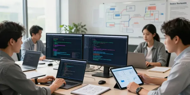 Enterprise AI team collaborating in a modern tech workspace, showcasing innovative development.
