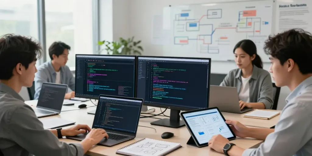 Enterprise AI team collaborating in a modern tech workspace, showcasing innovative development.