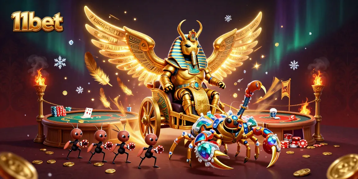 Experience thrilling poker action with 11bet's colossal scarab beetle and vibrant casino elements.