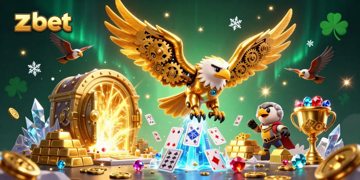 Experience zbet's thrilling dive into gaming with a cybernetic eagle amid dazzling treasures.