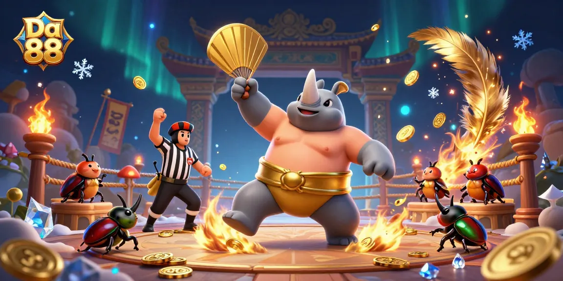 Experience the thrilling action of Da 88 games with a sumo beetle champion amid golden coins and vibrant elements.