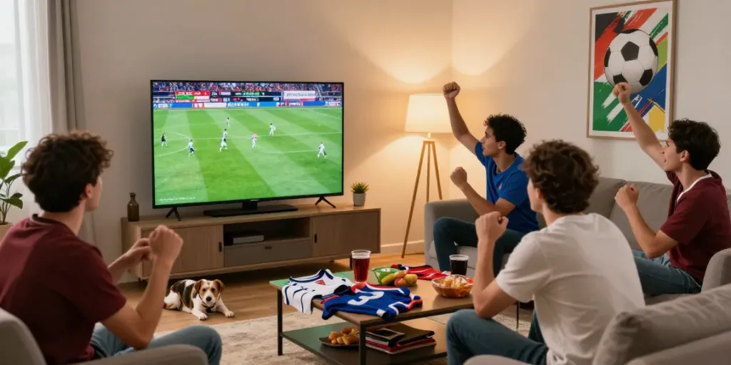 Excited football fans enjoying a live match on https://cakhiatv.team/ in a cozy living room atmosphere.