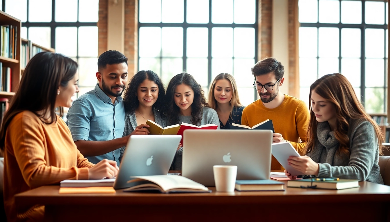 Collaborative environment of TOEFL test takers for hire studying together in a cozy library setting.