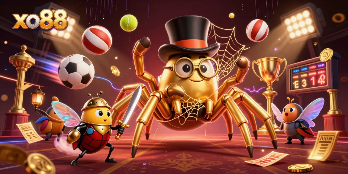 Bet on thrilling games with xo88's animated golden tarantula and beetle knight in casino scene