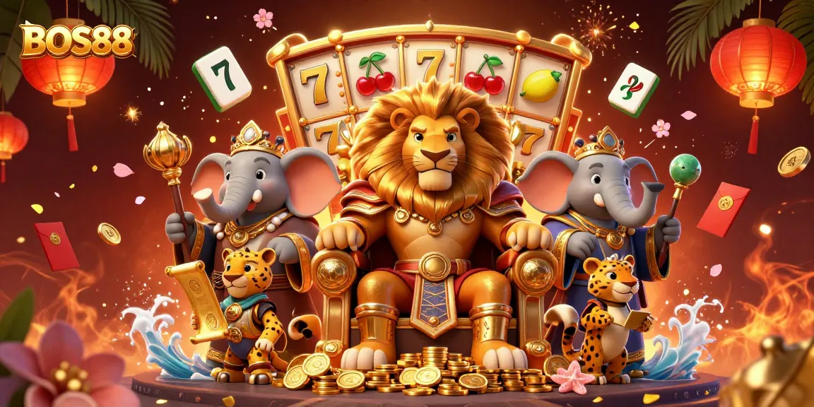BOS88 menawarkan permainan slot online seru dengan berbagai simbol keberuntungan dalam ilustrasi 3D yang memukau.