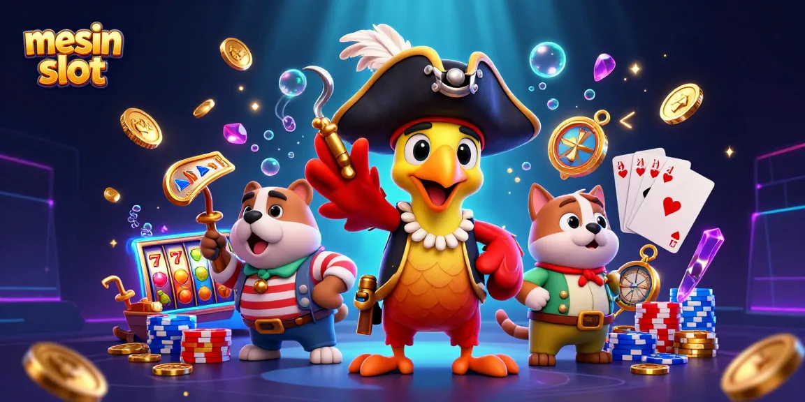 Experience vibrant mesin slot action with lucky sevens, colorful chips, and animated characters.