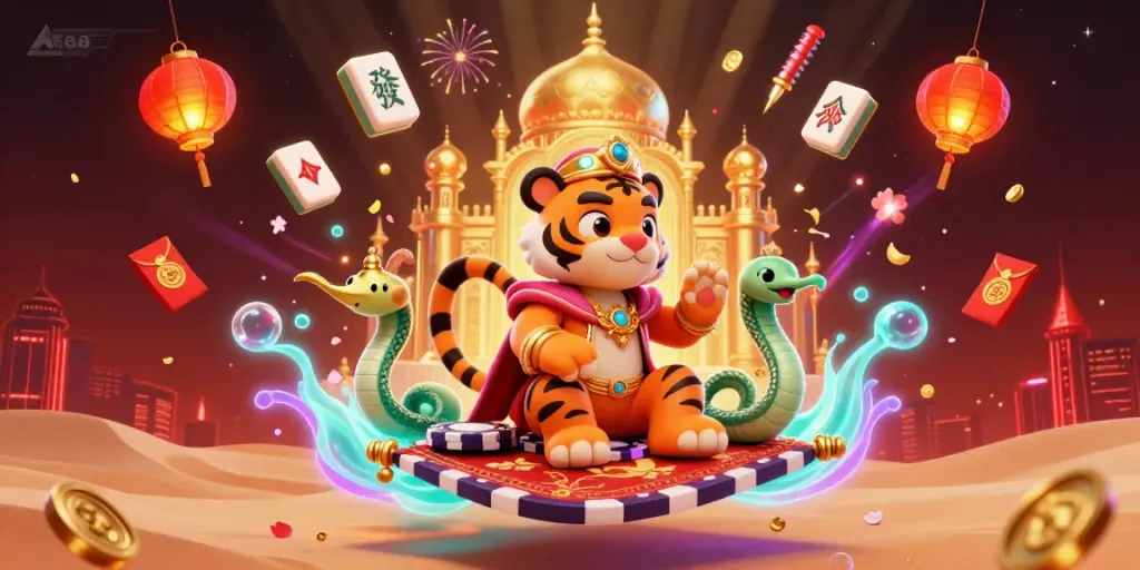 Celebrate the excitement of gaming with AE88’s vibrant casino scene featuring unique characters and elements.