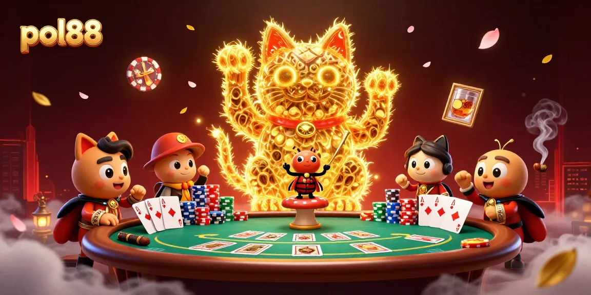 Jelajahi permainan poli88 dengan petunjuk dari kucing keberuntungan dan chip poker yang berwarna-warni.