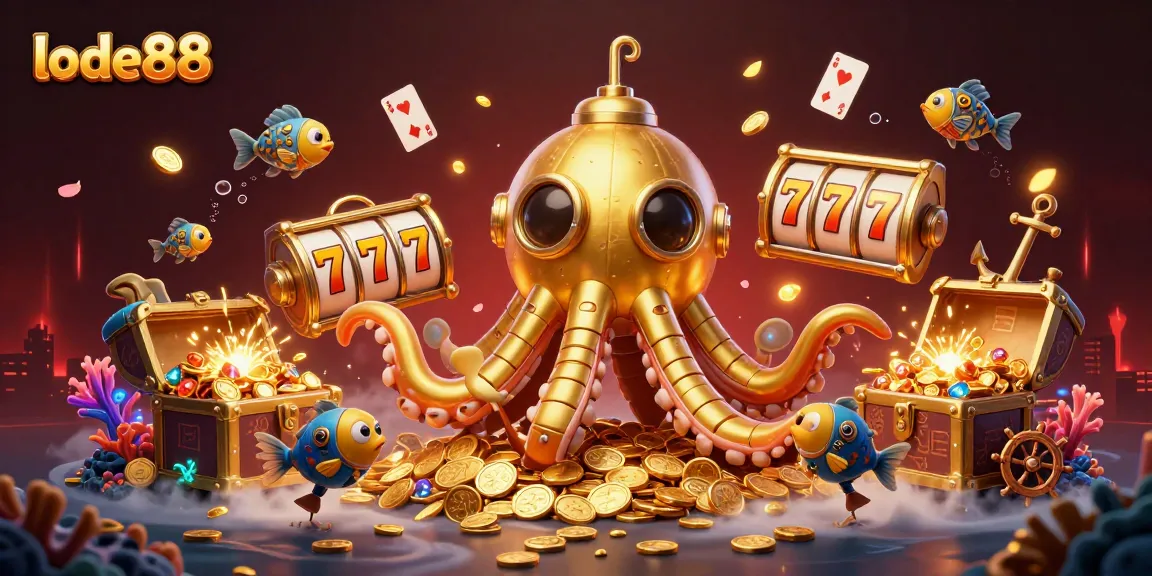 Experience the thrill of lode88's vibrant underwater casino world with a golden kraken and slot reels.