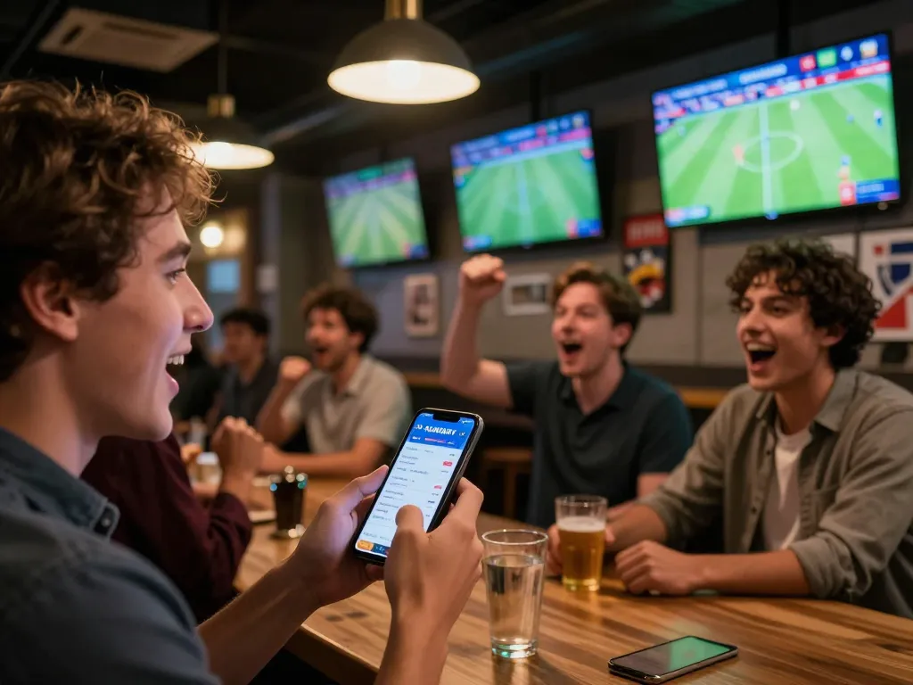 Betting enthusiast using CAKHIATV app while watching live soccer matches in a lively sports bar.