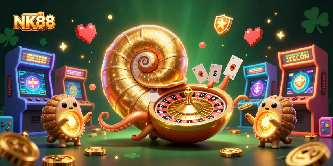 Experience the vibrant gaming world at NK88 with an ancient nautilus roulette wheel and glowing game elements.