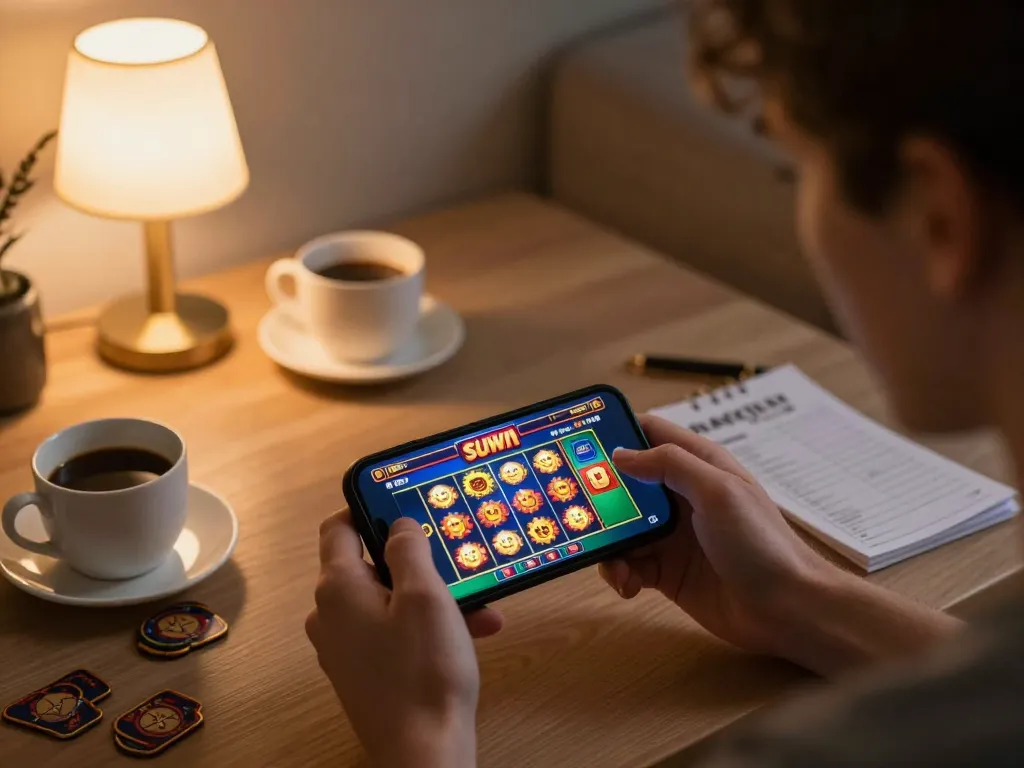 Engaging in sunwin slots gameplay on a smartphone during a cozy home evening