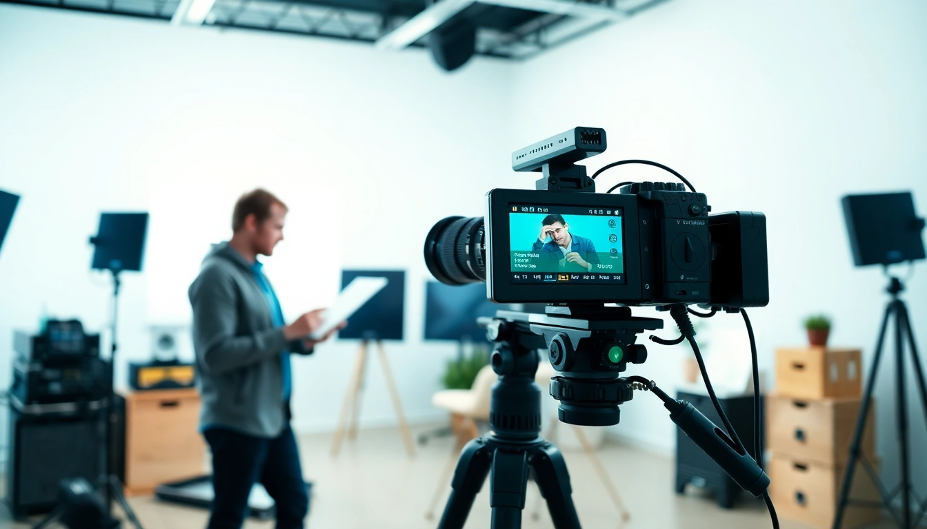 Creating engaging training videos with a professional videographer in a bright studio.