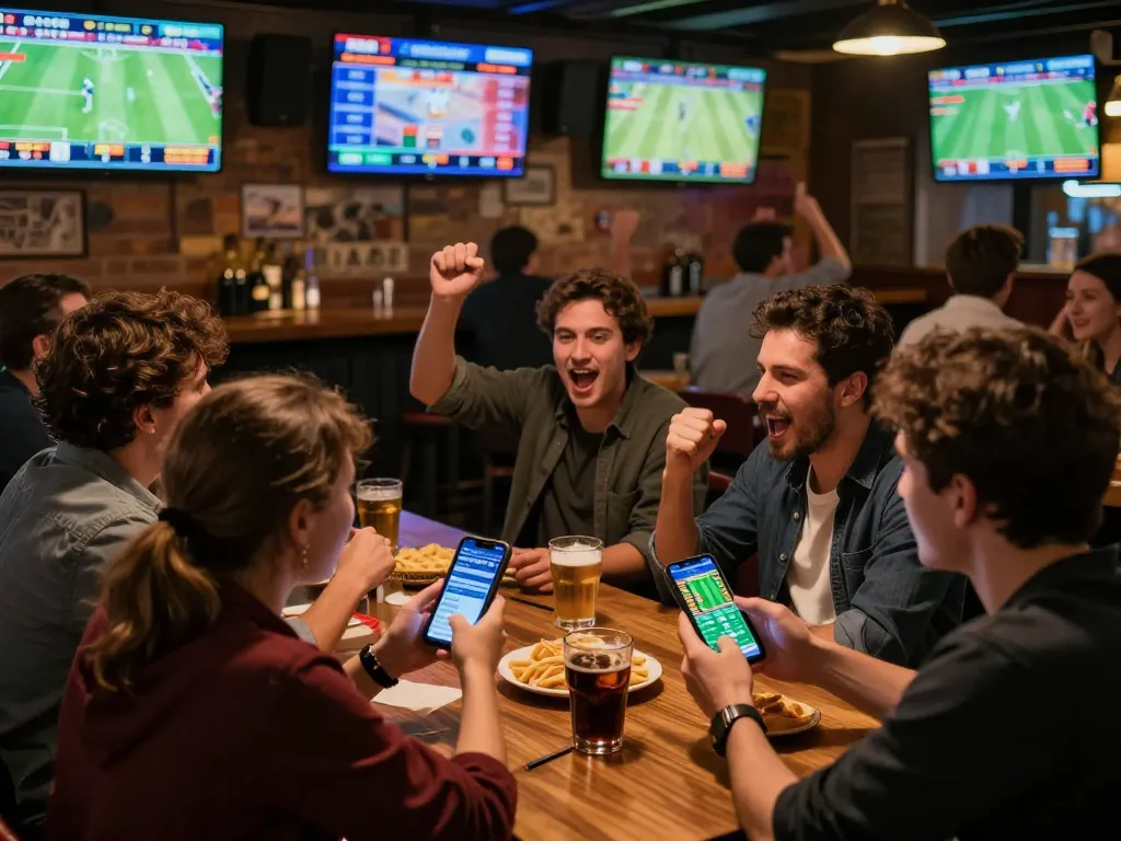 Engaged sports bettors analyzing Nohu app for real-time odds and strategies, vibrant bar atmosphere