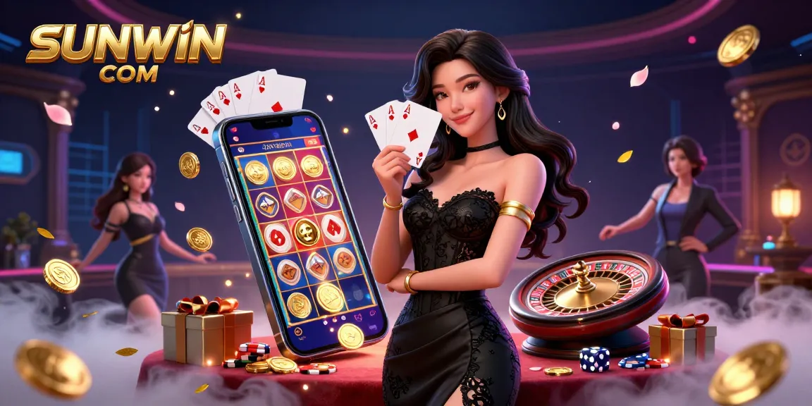 Win big with SUNWIN COM in a vibrant 3D casino scene featuring a stylish Asian card player.