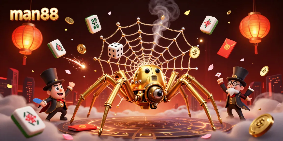 Catch lucky dice with man88's steampunk spider amidst vibrant casino elements.