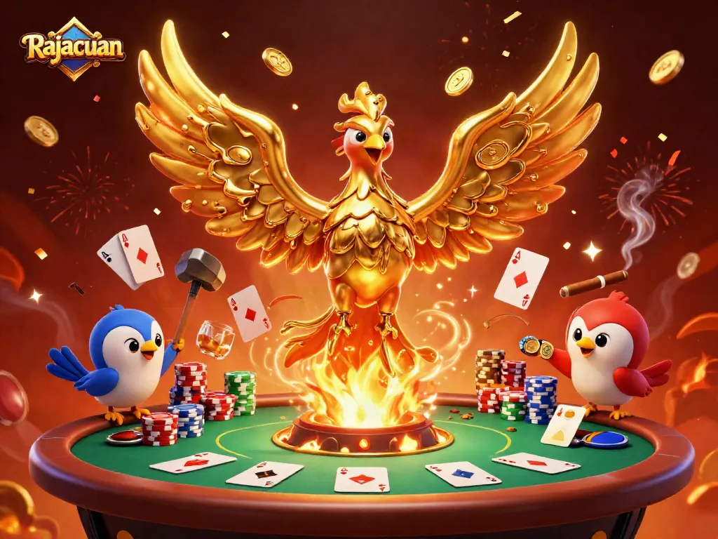 Rajacuan casino scene showcasing a golden phoenix alongside poker elements celebrating a jackpot win.