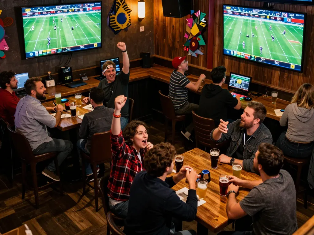 Xoilac sports fans placing bets and cheering during live football matches at a bustling sports bar.