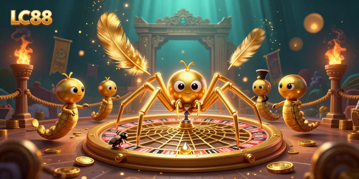 Place bets at LC88 as the golden spider spins the roulette web, showcasing a vibrant gambling world.