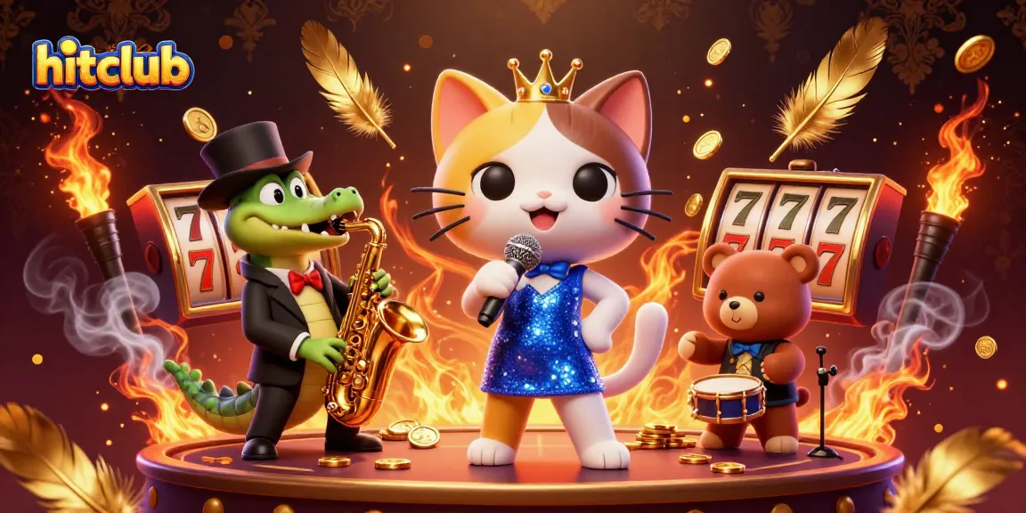 hitclub showcases a lively 3D casino illustration with a jazzy cat, crocodile, and bear cub surrounded by slot machines and gold.