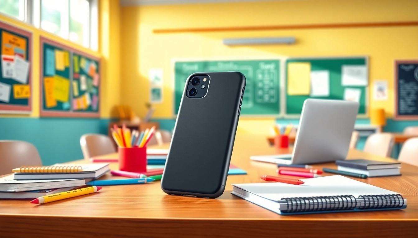 Handytasche Klassenzimmer auf einem Schreibtisch zwischen Schulmaterialien für einen effektiven Unterricht.