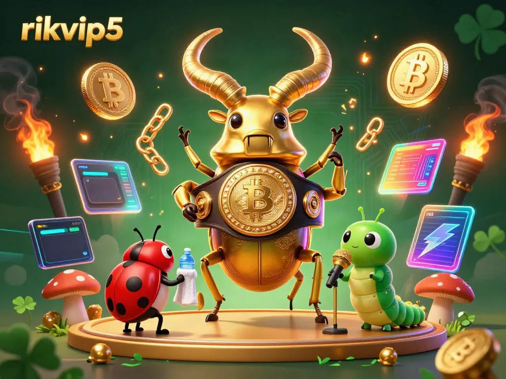 Experience the excitement of rikvip5 with a thrilling 3D casino scene featuring characters and crypto elements.