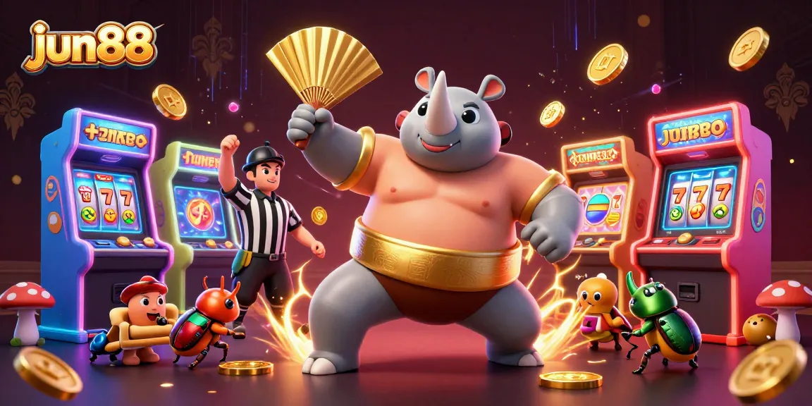 Experience thrilling gameplay with jun88, featuring a rhinoceros beetle sumo champion amid flying coins and arcade elements.
