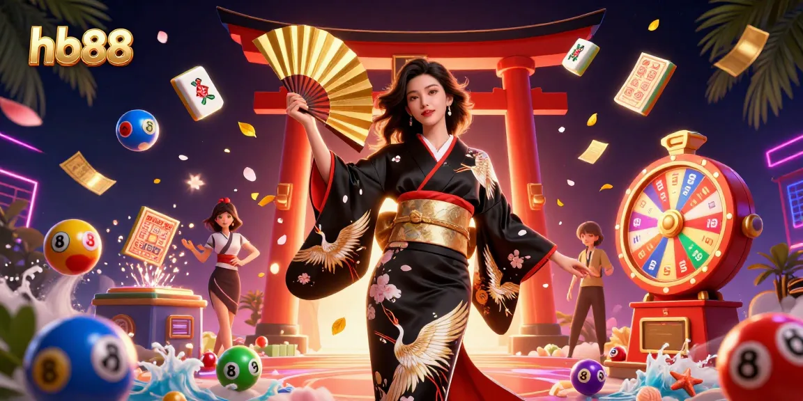 Experience thrill with hb88 as the elegant dealer reveals vibrant lottery balls and casino tokens.