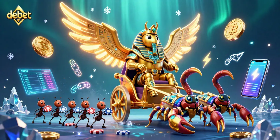 Bet big on debet with a stunning casino-themed illustration of a golden scarab and scorpion chariot.